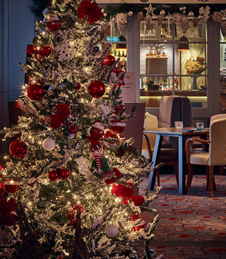 The White Lion decorated for Christmas with a Christmas tree